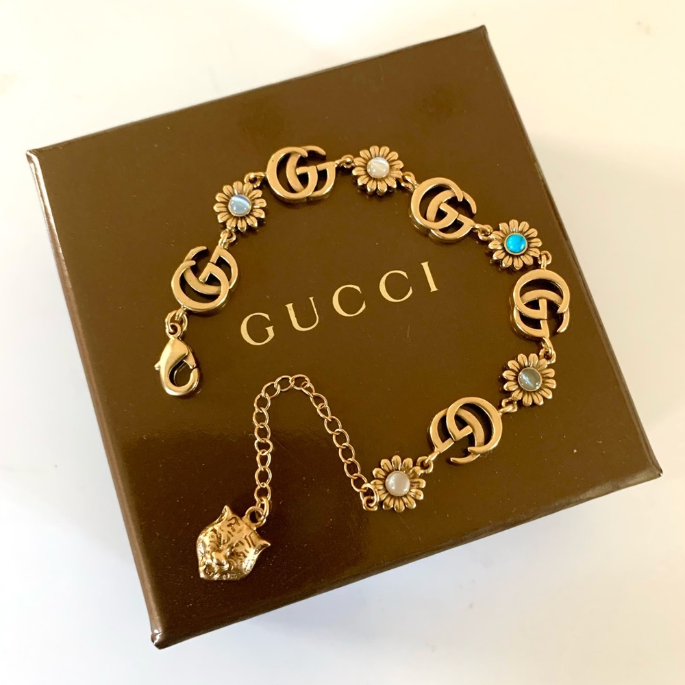 Gucci Antique Gold Tone Flower Bracelet